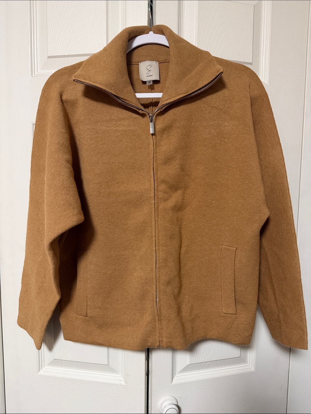 Sioni Zip-Front Cozy Cardigan Jacket in Camel Brown
